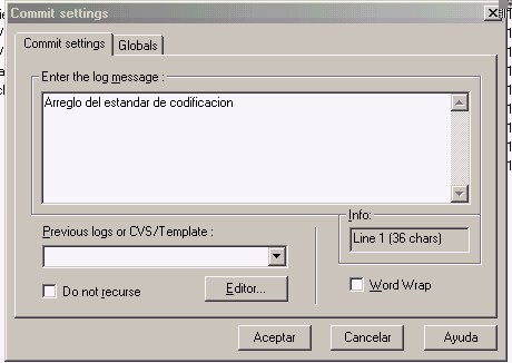Diálogo de
commit del archivo.